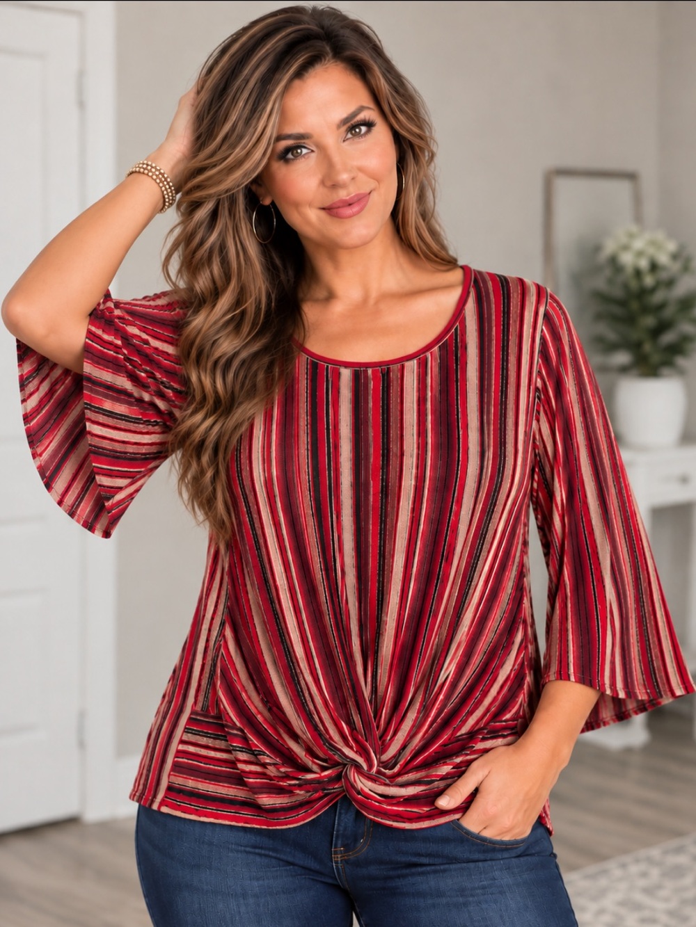 Ruby Rd NWT Metallic Striped Twist Front Bell Sleeve Top Wine Multi XL